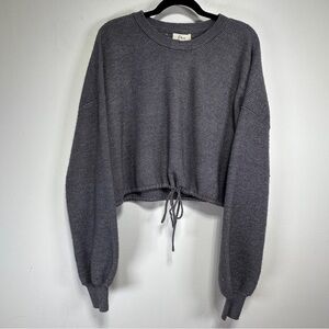 Elan Charcoal Gray Cropped Knit Sweater Drawstring Hem Balloon Sleeve S
